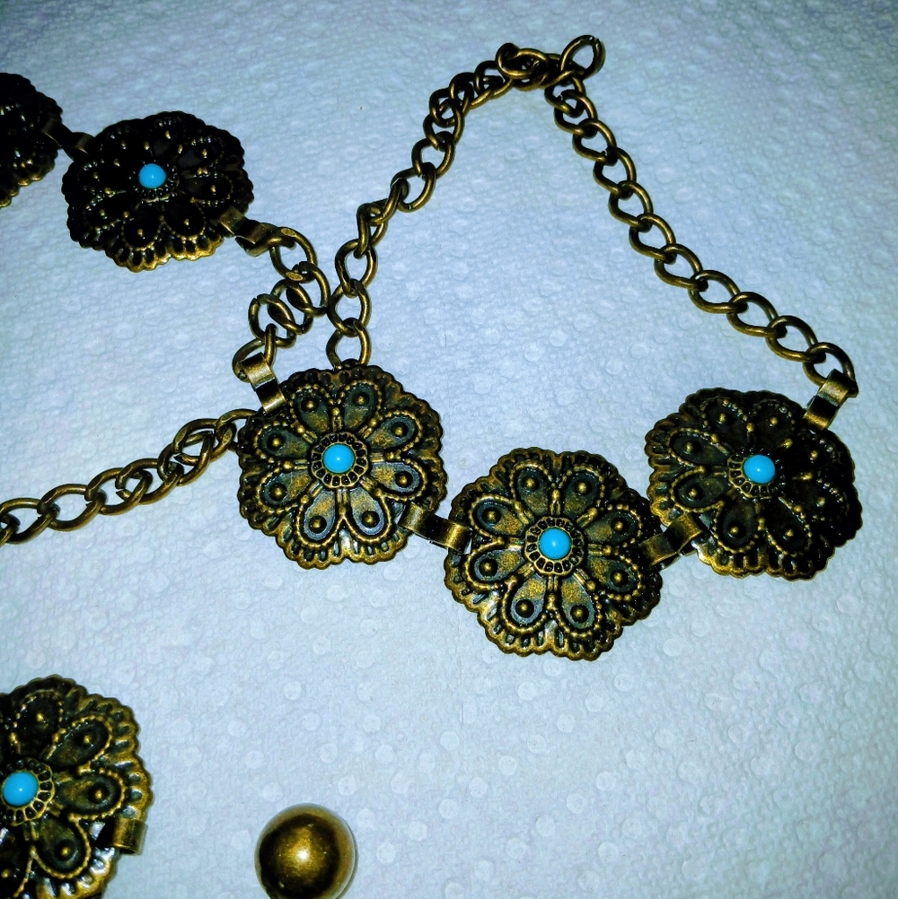 Faux Turquoise Concho BronzeTone Chain Link Belt 42"